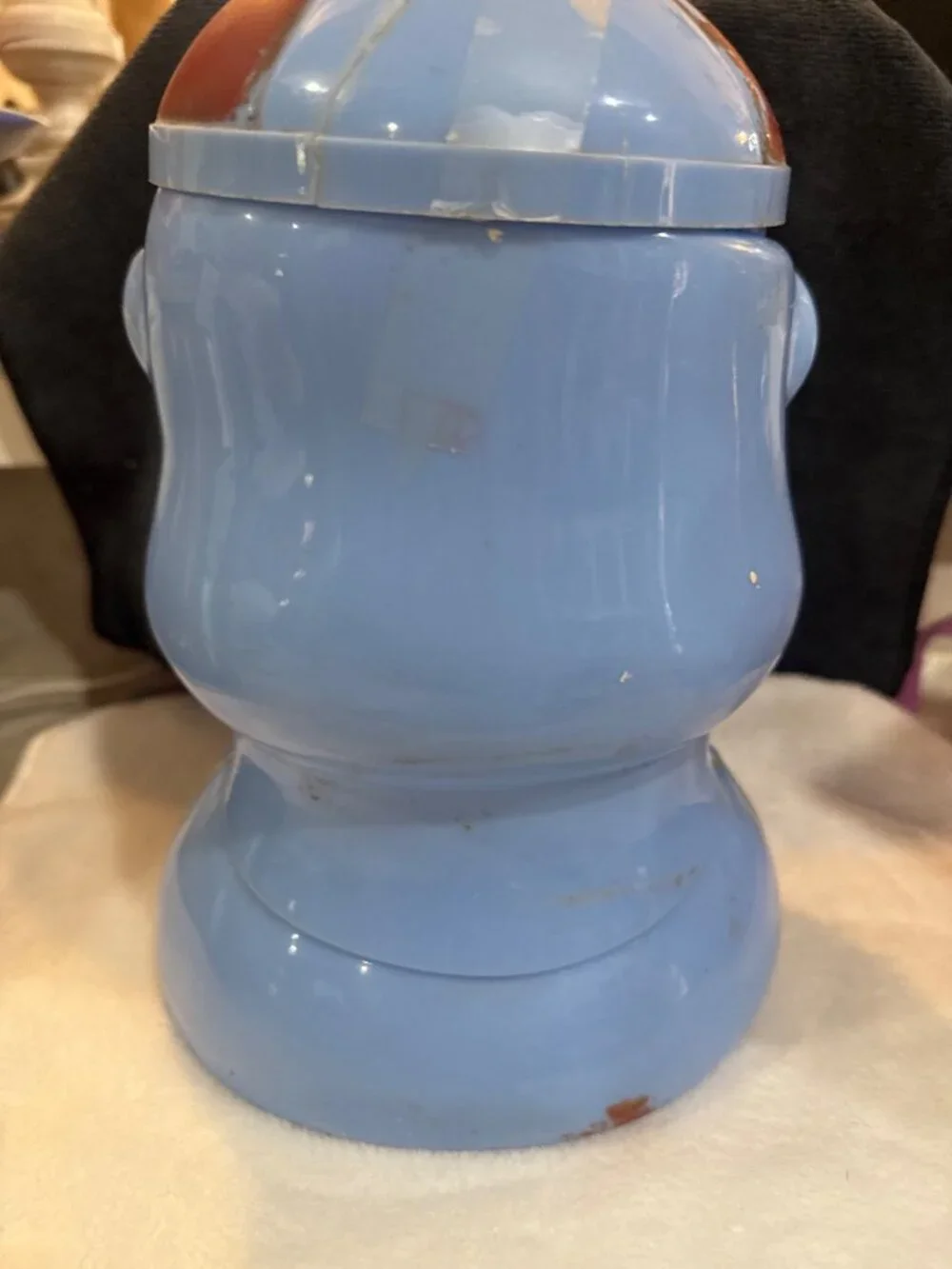 Vintage Blue & Red Celluloid porky pig cookie jar Bow Tie